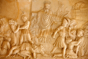 Fototapeta na wymiar Sculpture depicting Elias fighting the priests of Baal at El Muhraqa