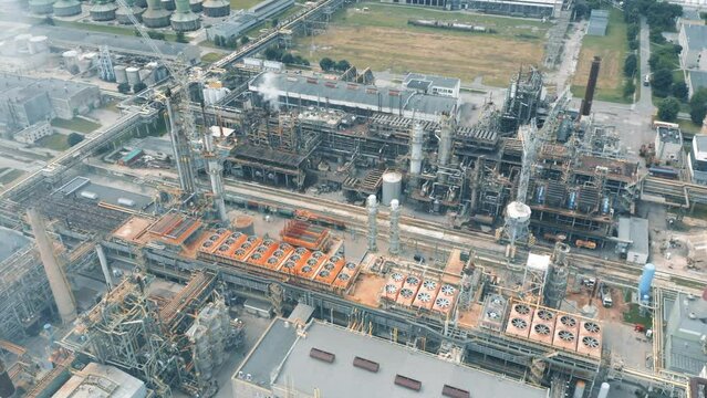 Rusty Old Working Factory, Huge Area, Smoke and Air Pollution, Smokestacks, Heavy Industry, Exterior, Aerial View