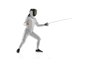 Dynamic portrait of female fencer in sports costume with rapier in hand training isolated on white background. Sport, youth, healthy lifestyle, achievements. - obrazy, fototapety, plakaty