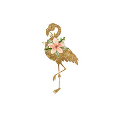 
Watercolor illustration of a golden flamingo and a bouquet of tropical flowers and leaves.