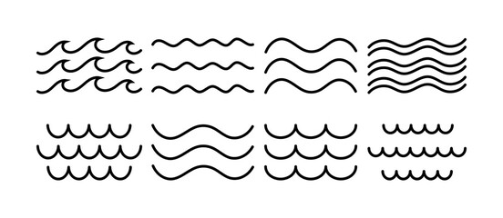 Fototapeta premium Wave line icons set. Water structure symbol. Sea and ocean signs. Set of eight black icons.