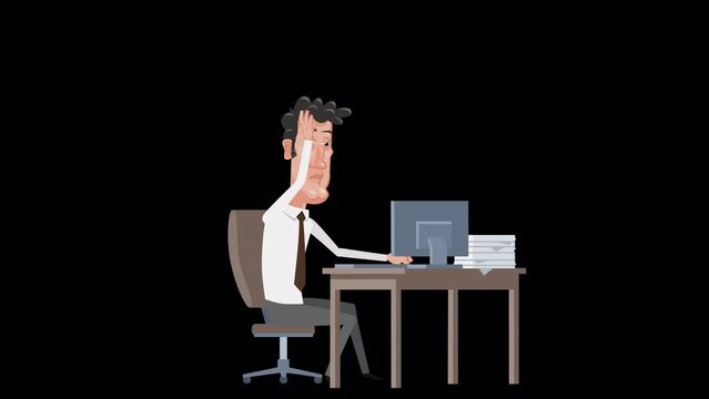 Cartoon male clerk character works hard at computer animation with alpha channel