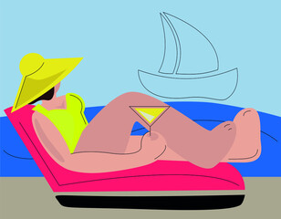 Flat illustration of a girl in a yellow swimsuit and hat with a glass on a red sun lounger on the beach, the outlines of the sea and yachts in the background.