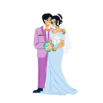 japanese wedding vector. marriage dress, japan bridal, asian couple japanese wedding character. people flat cartoon illustration