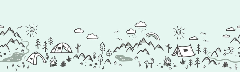 Cute hand drawn vector seamless pattern with camping doodles, tents, landscape and trails, great for textiles, banners, wallpapers-