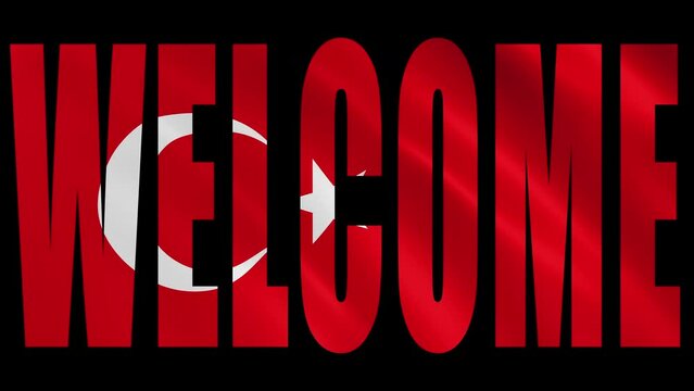 Welcome Sign silhouette with turkish flag waving in the wind. seamless loopable animation.