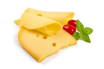 Gouda cheese with slices and basil, isolated on white background.