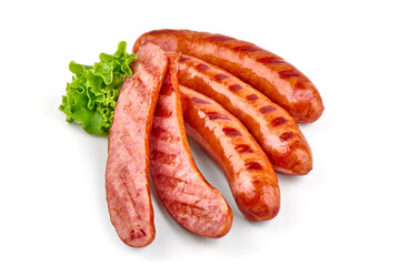 Roasted pork sausages bbq, isolated on white background.
