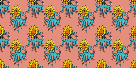 octopus seamless pattern vector design with squid sunflower cartoon doodle repeat wallpaper tile background illustration design isolated © Nattapol_Sritongcom