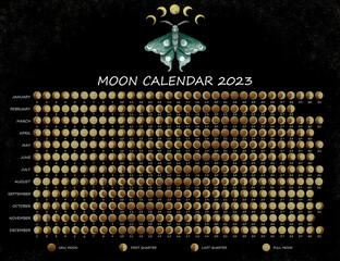 Lunar calendar 2023. Moon phases calendar for 2023 with beautiful lunar moth and golden moons. For the Northern hemisphere.