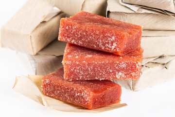 Guava Paste Wrapped in Bijao Leaf; Photo On White Background