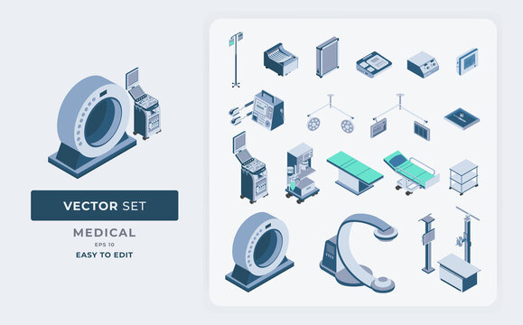 modern clinic and hospital medical technology equipment set isometric vector isolated. Color Editable Eps 10.