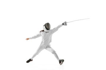 Dynamic portrait of female fencer in sports costume with rapier in hand training isolated on white background. Sport, youth, healthy lifestyle, achievements.