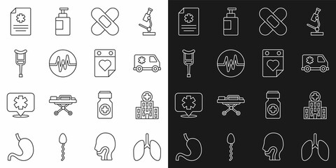 Set line Lungs, Medical hospital building, Emergency car, Crossed bandage plaster, Heart rate, Crutch or crutches, Clinical record and Doctor appointment icon. Vector