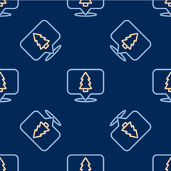 Line Christmas tree icon isolated seamless pattern on blue background. Merry Christmas and Happy New Year. Vector