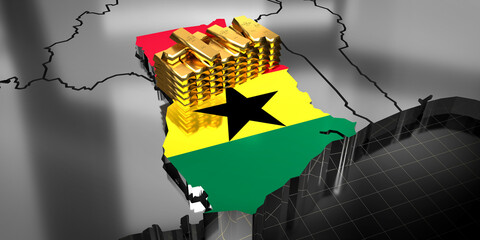 Ghana map and flag, gold ingots - 3D illustration - obrazy, fototapety, plakaty