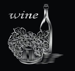 Sketch, chalk illustration of wine bottle and grapes with lettering isolated on black background. Concept for logo, print, cards, menu