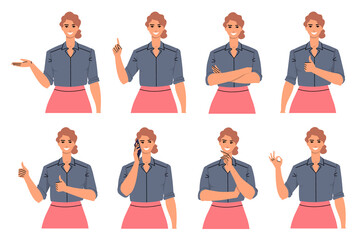 Set of business women in different poses and with different gestures. Young woman talking on the phone, presenting, thinking, thumb up, gesturing approx. Office worker, leader isolated. Flat vector.