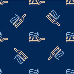 Line Toothbrush with toothpaste icon isolated seamless pattern on blue background. Vector