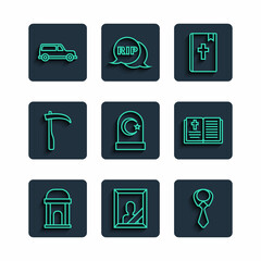 Set line Old crypt, Mourning photo frame, Tie, Holy bible book, Muslim cemetery, Scythe, Hearse car and icon. Vector