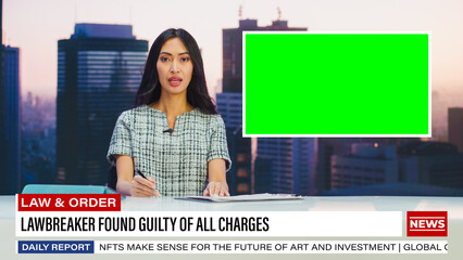 Split Screen TV News Live Report: Female Anchor Talks, Reporting. Reportage Montage with Picture in...