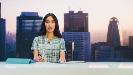 TV Live News Program: Presenter Reporting On the Events of the Day, Analysis of Business....