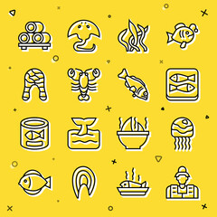 Set line Fisherman, Jellyfish, Canned, Seaweed, Lobster, steak, Sushi on cutting board and icon. Vector