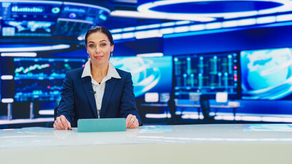 On Air TV Live News Program with Professional Female Presenter Reporting Event of the Day. Television Cable Channel Anchorwoman Talks. Mock-up Network Broadcasting Playback in Newsroom Studio