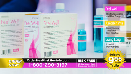 TV Show Product Infomercial: Professionals Present Package Boxes with Health Care Medical Supplements. Showcasing Beauty Dietary Vitamin Products. Playback Television Commercial Advertisement Program