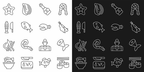Set line Sushi, Fish tail, Fishing harpoon, Soy sauce bottle, Tropical fish, with sliced pieces, Starfish and Lobster or crab claw icon. Vector