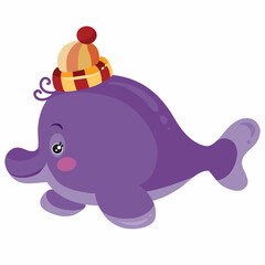 cute purple dolphin character with knitted hat on head, cartoon illustration, isolated object on white background, vector,