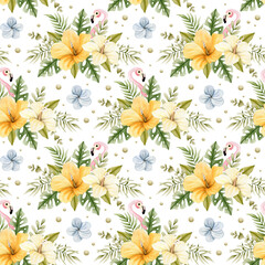 Watercolor seamless pattern with flamingos and tropical flowers. 