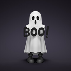 Children in white robes  cute ghost Halloween's day with text Boo!. 3D illustration.