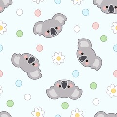 Seamless pattern of koala faces, flowers and dots on a blue background.