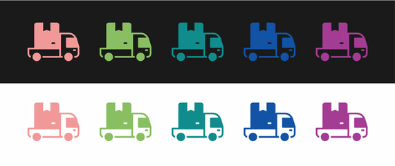 Set Delivery cargo truck vehicle icon isolated on black and white background. Vector