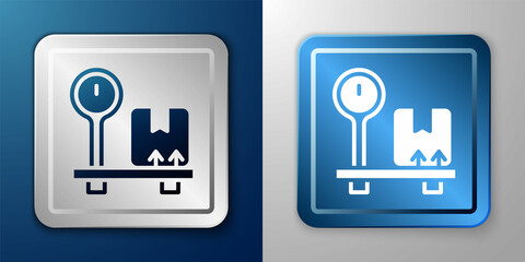 White Scale with cardboard box icon isolated on blue and grey background. Logistic and delivery. Weight of delivery package on a scale. Silver and blue square button. Vector