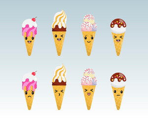 Cartoon drawing set of ice cream emoji with kawaii eyes. Melting ice cream balls in waffle cone isolated. Vector flat outline icon. Comic character in cartoon style illustration for t-shirt design