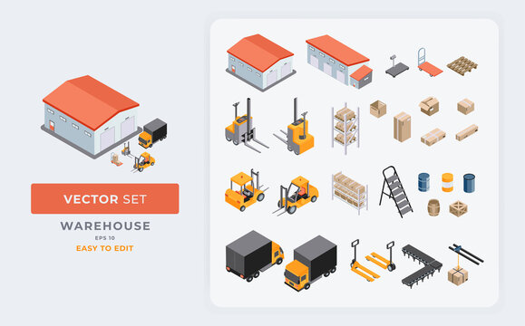 vector set of warehouse logistics delivery isometric elements transport vehicles and stock packages. Color Editable Eps 10.