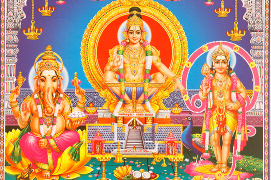 Picture of Hindu gods Ganesh, Ayappa & Subramania