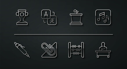 Set line Award cup, Pen, Music note, tone, Abacus, Paper clip, Translator, Schoolboy sitting desk and Stage stand icon. Vector