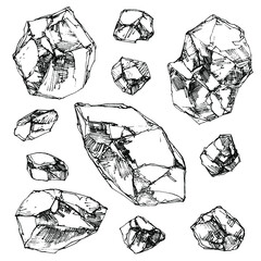 Graphic hand drawn sketch of crystal stones - line art on white background