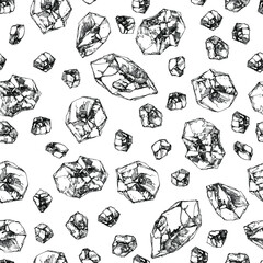 Graphic hand drawn sketch of crystal stones - line art on white background, seamless pattern