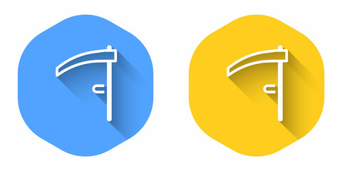 White Scythe icon isolated with long shadow background. Happy Halloween party. Circle button. Vector