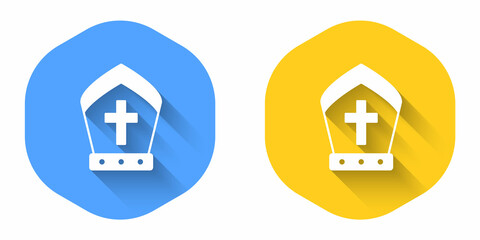 White Pope hat icon isolated with long shadow background. Christian hat sign. Circle button. Vector