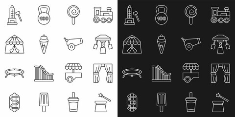 Set line Magic hat and wand, Circus curtain raises, Attraction carousel, Lollipop, Ice cream waffle cone, tent, Striker attraction with hammer and Cannon icon. Vector