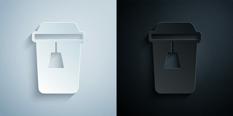 Paper cut Cup of tea icon isolated on grey and black background. Paper art style. Vector