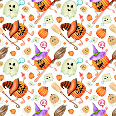 Seamless Halloween pattern. Scary Pumpkin Jack witches and ghosts. Happy spooky holiday. Hand drawn watercolor and pencils illustration on white background. Cartoon child character.