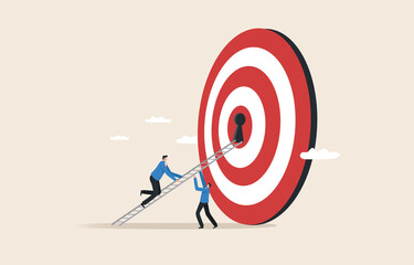 Stairway to the goal. Face challenges to achieve great goals. motivation to achieve bigtarget. .Business teams help each other climb the ladder to reach big goals.