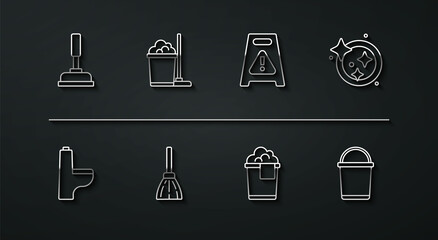 Set line Rubber plunger, Toilet bowl, Washing dishes, Bucket with foam, Handle broom, Mop bucket, and Wet floor icon. Vector