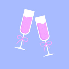 Two festive champagne glasses with bows. Vector illustration.